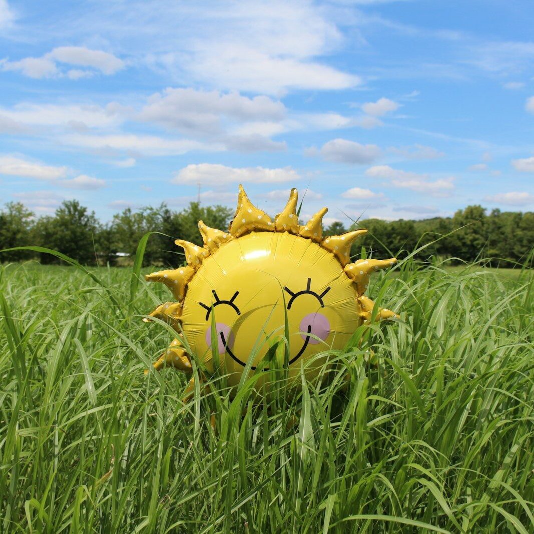 yellow inflatable sun at grass field
